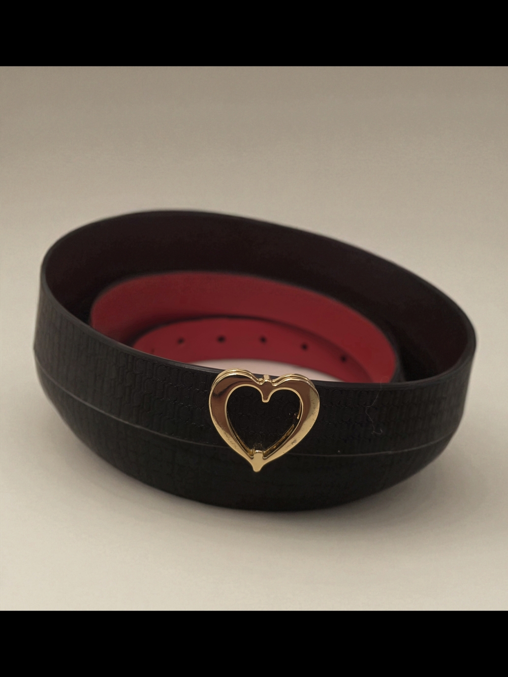 Carolina Herrera Black Belt with Gold Heart Buckle and Red Interior